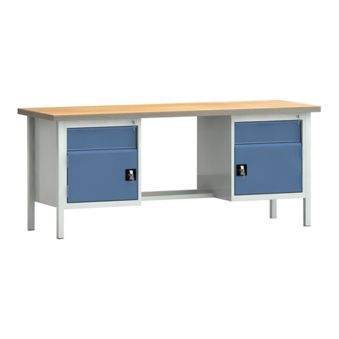 Werkbank PW 700 B2000xT700xH840mm Buche Multiplex grau blau 2Schubl. 2Türen