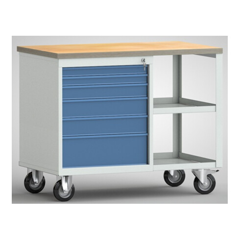 Werkbank PW700 B885xT700xH805mm Buche Multipl. lichtgrau/brillantblau 6Schubl.