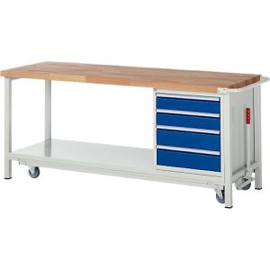 Werkbank Serie 8162, absenkbar, fahrbar, 4 Schubladen, B 2000 x T 700 x H 880 mm Werkbank Serie 8162, absenkbar, fahrbar, 4 Schubladen, B 2000 x T 700 x H 880 mm