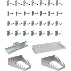Werkzeughalter Set ADB, 32-teilig, für Lochwände mit 4-Kantlochung 10 x 10 mm & Lochabstand 38 mm, Stahl pulverbeschichtet, weißaluminium RAL 9006 Werkzeughalter Set ADB, 32-teilig, für Lochwände mit 4-Kantlochung 10 x 10 mm & Lochabstand 38 mm, Stahl pulverbeschichtet, weißaluminium RAL 9006