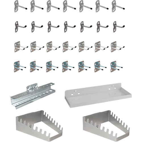 Werkzeughalter Set ADB, 32-teilig, für Lochwände mit 4-Kantlochung 10 x 10 mm & Lochabstand 38 mm, Stahl pulverbeschichtet, weißaluminium RAL 9006