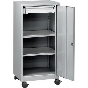 Werkzeugschrank mit Rollen, Flügeltür, 2 Böden, 1 Schub, B 500 x T 500 x H 1000 mm, abschließbar, weißaluminium Werkzeugschrank mit Rollen, Flügeltür, 2 Böden, 1 Schub, B 500 x T 500 x H 1000 mm, abschließbar, weißaluminium