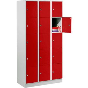 Wertfachschrank 300 mm, 3 Abteile, 15 Fächer, Sicherheitszylinderschloss, Sockel, feuerrot Wertfachschrank 300 mm, 3 Abteile, 15 Fächer, Sicherheitszylinderschloss, Sockel, feuerrot