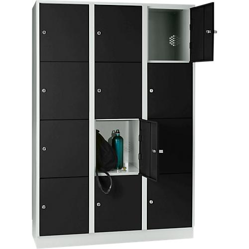 Wertfachschrank 400 mm, 3 Abteile, 12 Fächer, Sicherheitszylinderschloss, Sockel, tiefschwarz