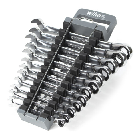 Wiha Ringratschen-Gabelschlüssel Set 12-tlg. umschaltbar inkl. Halter I Ring Ratschenschlüssel Set 8-19 mm I Maulschlüssel Satz mit Ringratsche, 44661