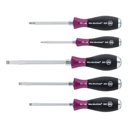 Wiha Schraubendreher Set MicroFinish® Schlitz, Pozidriv mit durchgehender Sechskantklinge und massiver Stahlkappe 5-tlg.