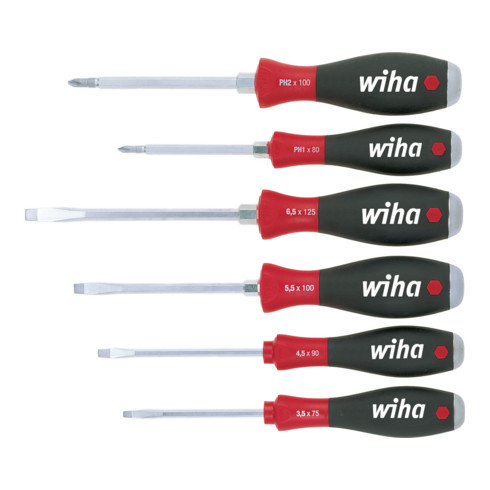 Wiha Schraubendreher Set SoftFinish® Schlitz, Phillips 6-tlg. mit durchgehender Sechskantklinge und massiver Stahlkappe