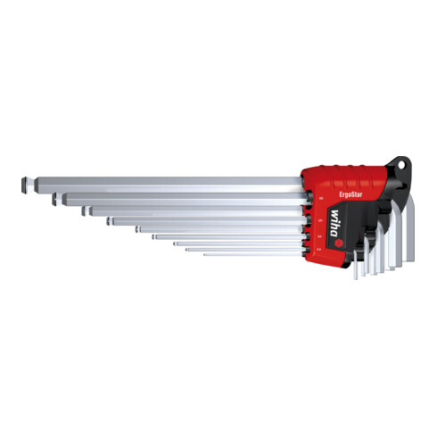 Wiha Stiftschlüssel Set im ErgoStar Halter (43851), Winkelschlüssel Sechskant-Kugelkopf MagicRing®, Innensechskantschlüssel 9-tlg. mattverchromt