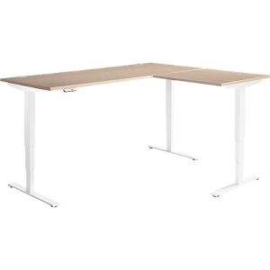 Winkelschreibtisch AERO FLEX, elektrisch höhenverstellbar, 90° Winkel, T-Fuß, B 2000 x T 1600 mm, Eiche/weiß + Memorypanel Winkelschreibtisch AERO FLEX, elektrisch höhenverstellbar, 90° Winkel, T-Fuß, B 2000 x T 1600 mm, Eiche/weiß + Memorypanel