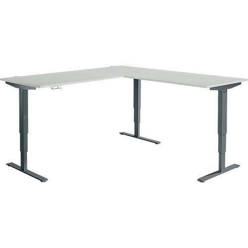 Winkelschreibtisch AERO FLEX, elektrisch höhenverstellbar, 90° Winkel, T-Fuß, B 2000 x T 2000 mm, lichtgrau/anthrazit + Memorypanel