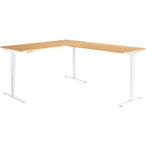 Winkelschreibtisch AERO FLEX, elektrisch höhenverstellbar, 90° Winkel, T-Fuß, B 2000 x T 2400 mm, Buche/weiß + Memorypanel Winkelschreibtisch AERO FLEX, elektrisch höhenverstellbar, 90° Winkel, T-Fuß, B 2000 x T 2400 mm, Buche/weiß + Memorypanel