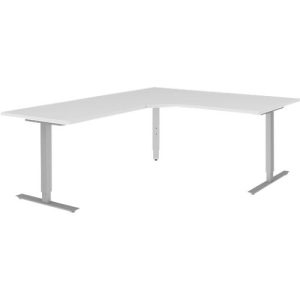 Winkelschreibtisch BARI 90°, T-Fuß, Freiformtisch, Winkel links, B 1800 x T 1000/800 x H 680-820 mm, weiß/Alu Winkelschreibtisch BARI 90°, T-Fuß, Freiformtisch, Winkel links, B 1800 x T 1000/800 x H 680-820 mm, weiß/Alu