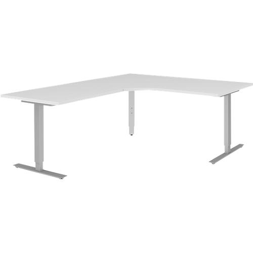 Winkelschreibtisch BARI 90°, T-Fuß, Freiformtisch, Winkel links, B 1800 x T 1000/800 x H 680-820 mm, weiß/Alu