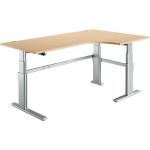 Winkelschreibtisch Komfort, elektrisch höhenverstellbar, 90° Winkel, Ansatz rechts, C-Fuß, B 2000 x T 1200,00/800 x H 655-1305 mm, Ahorn/alusilber Winkelschreibtisch Komfort, elektrisch höhenverstellbar, 90° Winkel, Ansatz rechts, C-Fuß, B 2000 x T 1200,00/800 x H 655-1305 mm, Ahorn/alusilber